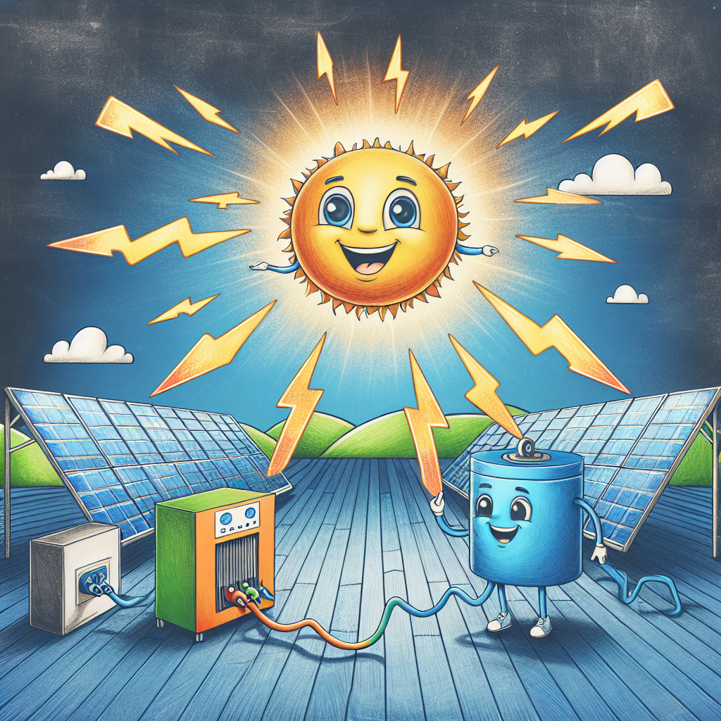 The image would show a cartoon-like representation of an inverter with a battery at the core of a solar system. The inverter would be depicted as a device converting sunlight into electricity, with a battery storing excess energy for later use. The background would feature solar panels capturing sunlight. This image would visually represent the key components and functionality of a solar system with an inverter and battery.