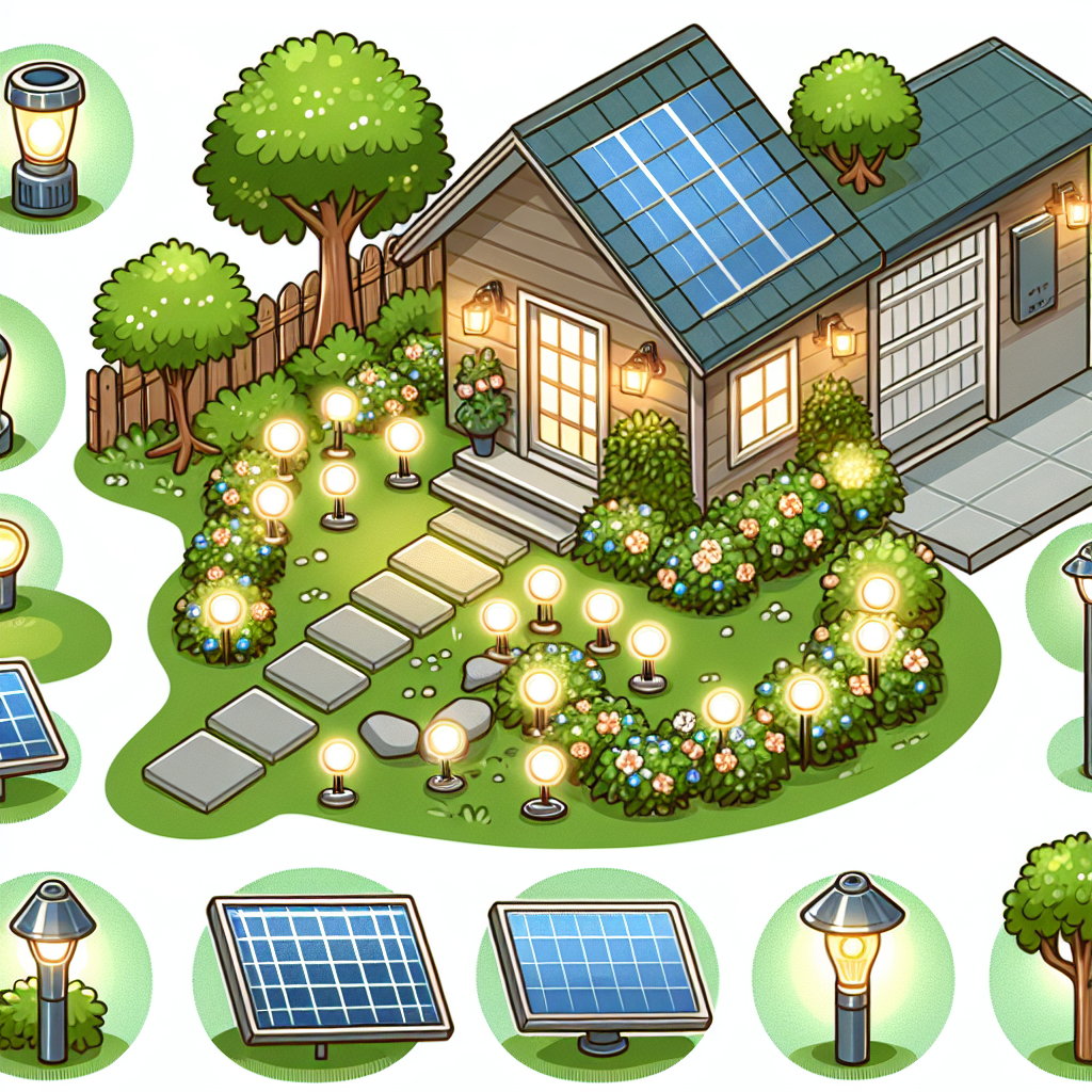 The image for the article "Outdoor Solar Lights for House" could be a cartoon-like illustration of a cozy outdoor space with various types of solar lights, such as mini lights, warm white lights, spot lights, and garage lights. The image could show a pathway illuminated by solar mini lights, a garden area with warm white solar lights creating a soft glow, spot lights highlighting specific features like trees, and a garage with solar lights providing security. The overall scene would convey a welcoming and eco-friendly outdoor environment.