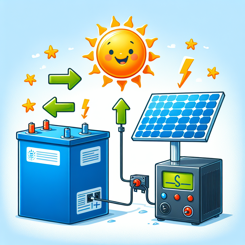 The image would show a cartoon-like depiction of a solar panel kit with a battery and inverter. The solar panels would be shown absorbing sunlight, with arrows indicating energy conversion and storage in the battery. The inverter would be shown transforming the stored energy into usable power for household appliances, with a happy sun symbol in the background to represent renewable energy.