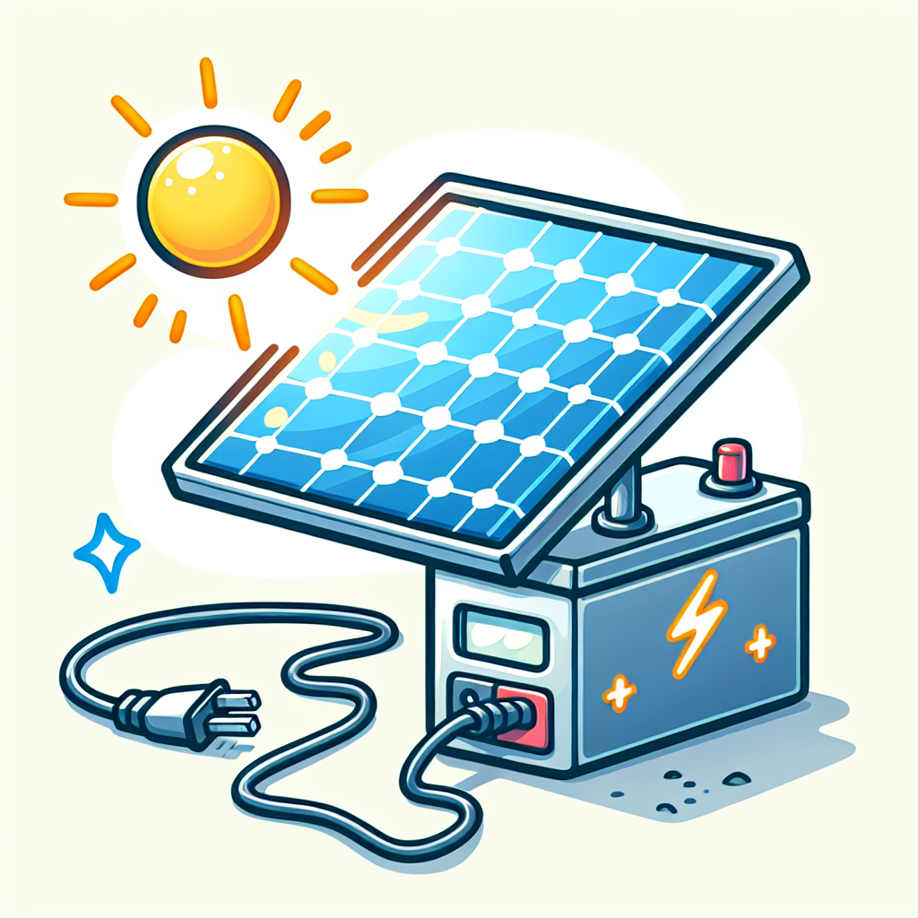 The image would show a cartoon-like illustration of a solar panel connected to a battery through a solar charge controller. The solar panel would be depicted with rays of sunlight shining on it, and a cable running from the panel to the charge controller, and then another cable connecting the charge controller to the battery. The battery would have a glowing light symbolizing stored energy.