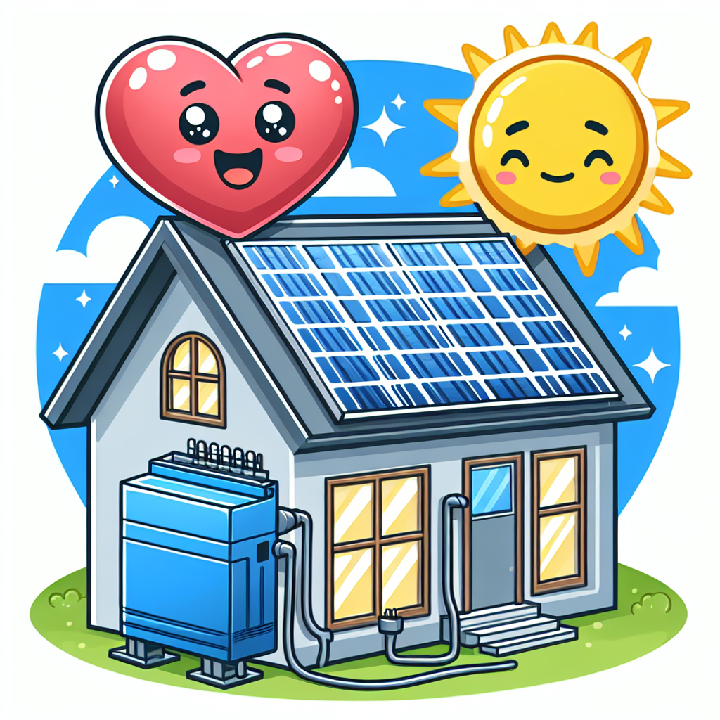 The image would show a cartoon-style house with solar panels on the roof, connected to a smiling solar panel inverter device. The inverter would be depicted as a heart symbol, symbolizing its importance in transforming solar energy into usable power for the home. The sun would be shining brightly in the background, emphasizing the concept of harnessing solar power efficiently.