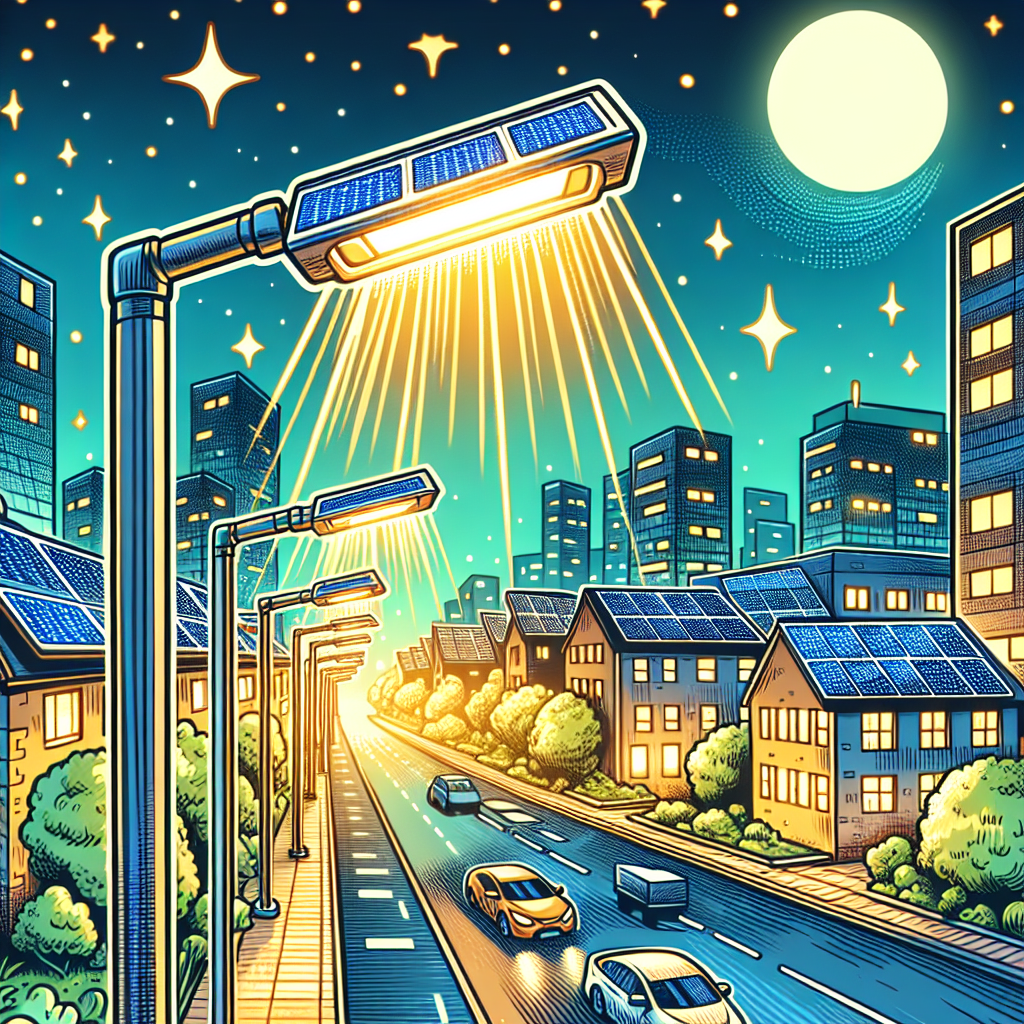 The image for "Best Solar Street Lights" could feature a cartoon-like street scene with solar-powered street lights illuminating the area. The lights would be depicted with solar panels on top, symbolizing their eco-friendly and energy-efficient nature. The scene could show a mix of residential and commercial buildings with the solar street lights providing bright and sustainable lighting. The overall image would convey a sense of modernity, sustainability, and efficiency in outdoor lighting solutions.