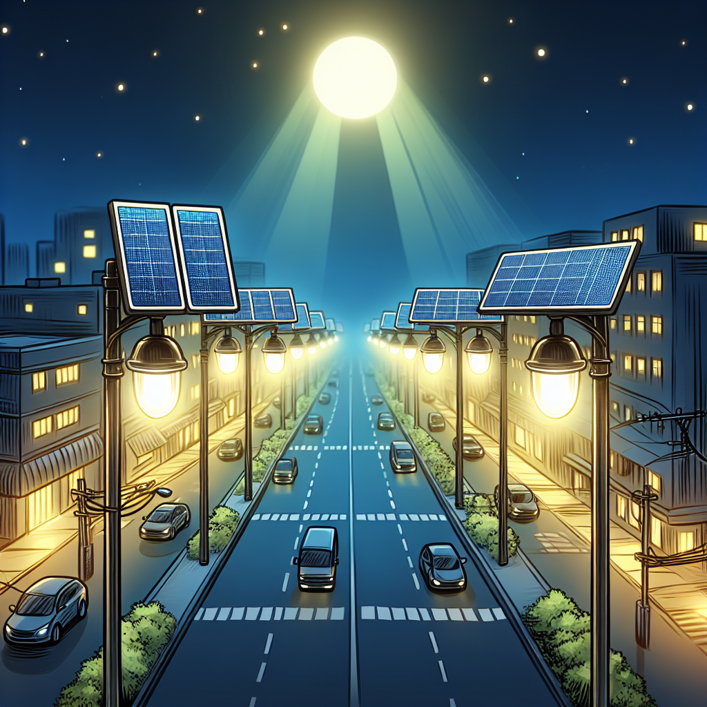 The image for "Best Solar Street Lights" could feature a cartoon-like street scene at night, with solar-powered street lights illuminating the road and surrounding area. The street lights would be depicted with solar panels on top, symbolizing their eco-friendly and energy-efficient nature. The image would showcase the benefits of using solar street lights, such as saving on electricity costs and reducing carbon footprint.