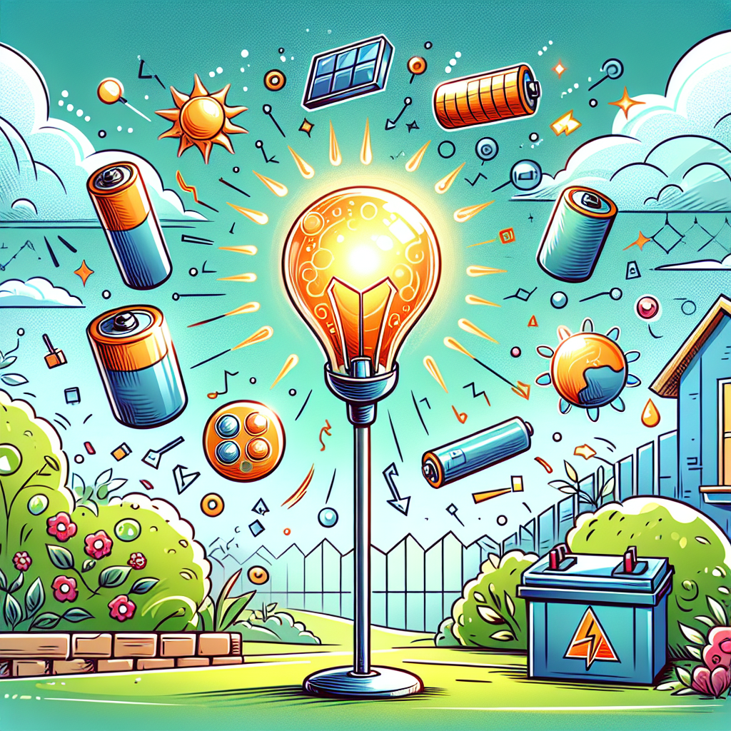The image would show a cartoon-style illustration of a sunny outdoor setting with a solar light glowing brightly. Next to the solar light, there would be a variety of batteries floating in the air, including Nickel-Metal Hydride (NiMH) and Lithium-Ion (Li-Ion) batteries. Each battery would have a label indicating its type and features, such as high capacity, long lifespan, and strong performance. The image would convey the idea of choosing the best battery for solar lights based on factors like longevity, efficiency, and environmental impact.