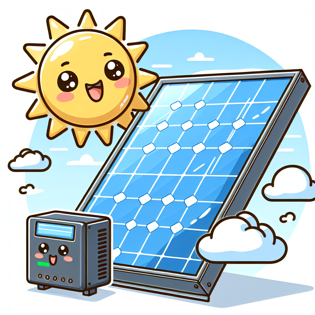 The image for "Microinverter Solar Panels" could feature a cartoon-like illustration of a solar panel with a small, smiling micro inverter attached to it. The solar panel could be depicted as a traditional rectangular panel with shiny solar cells, and the micro inverter could be shown as a cute, compact device connected to the panel. The background could include a sunny sky with a few fluffy clouds to emphasize the renewable energy aspect of the image.