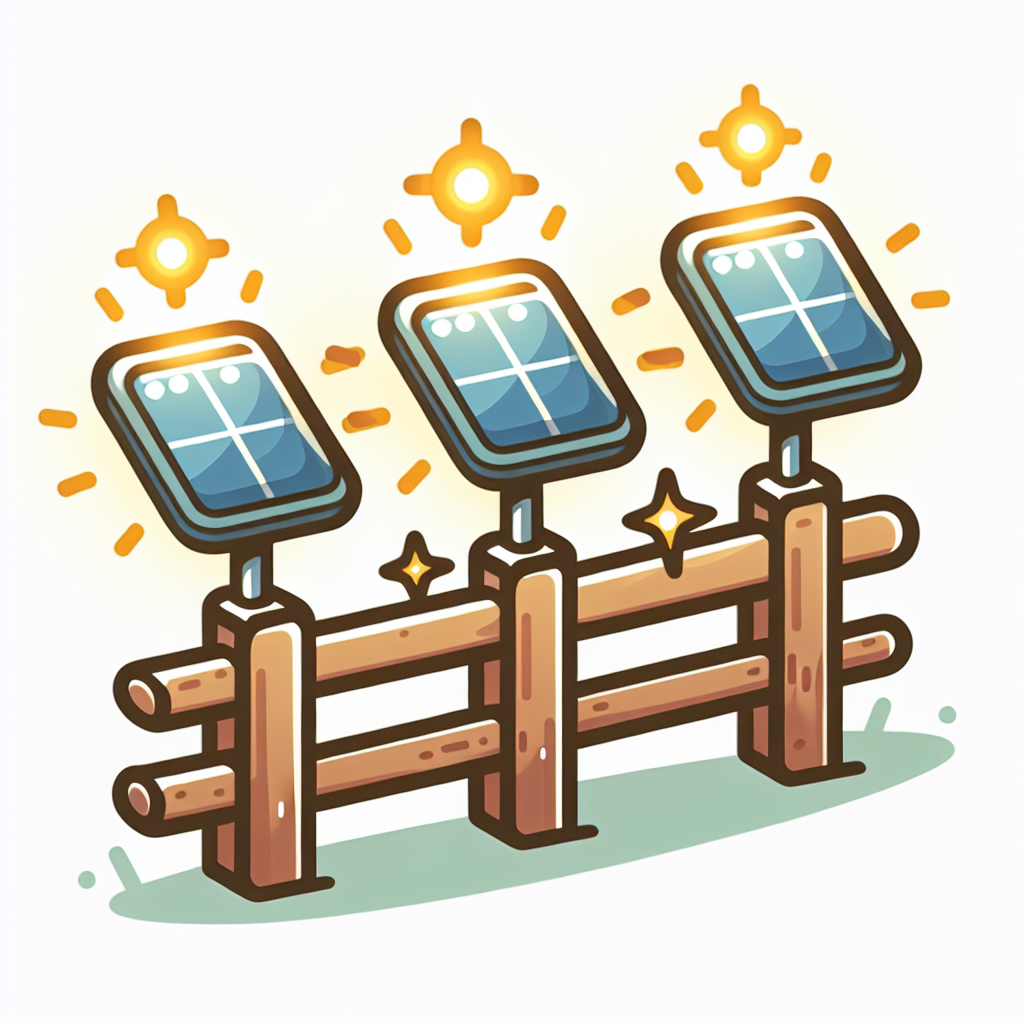 The image would show a cartoon fence with solar lights attached to the posts. The solar lights would be shining brightly, emitting a warm glow. The cartoonish design would highlight the eco-friendly and energy-saving aspect of solar lights for fences.
