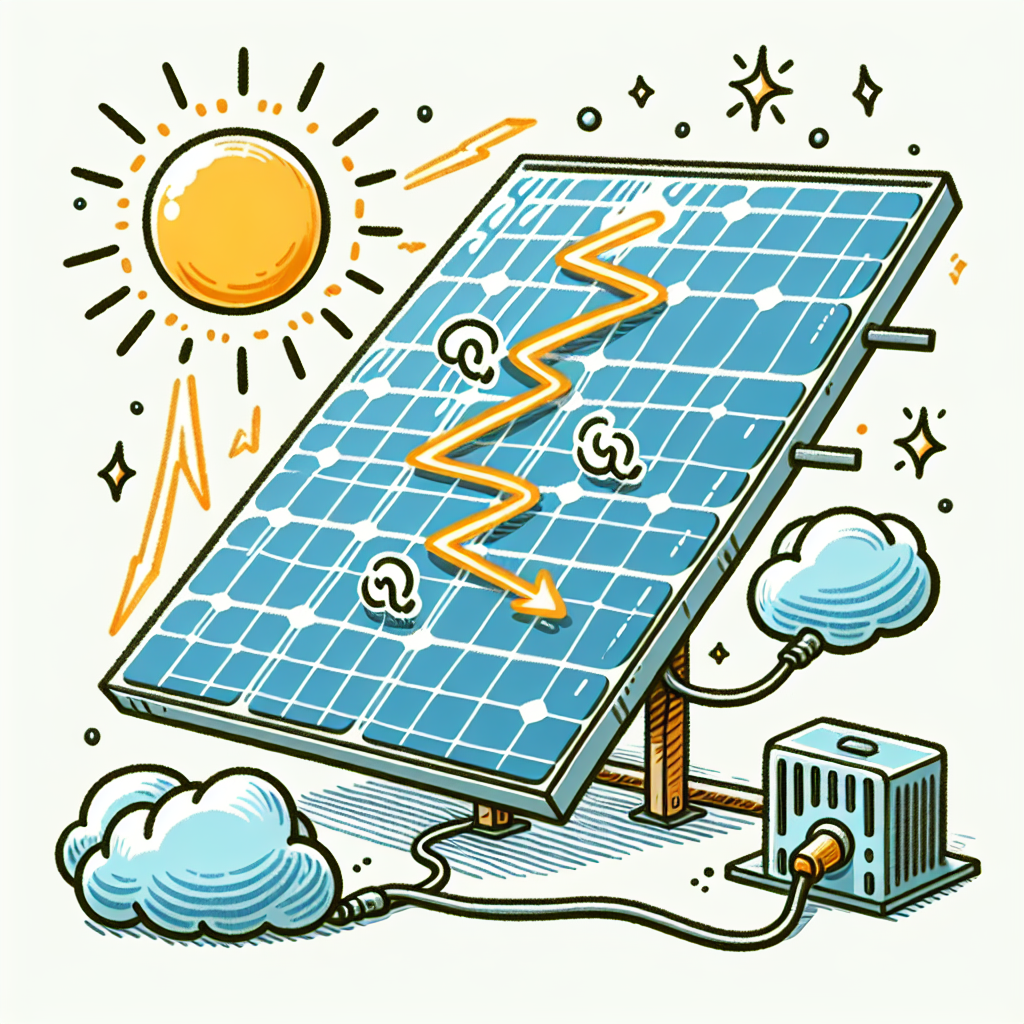 The image would show a cartoon-style solar panel connected directly to an inverter, with sunlight shining on the panel. The inverter would have lines indicating the conversion from Direct Current (DC) to Alternating Current (AC), and then the AC power flowing to household appliances. The image would also include a small cloud symbol to represent the limitation of power generation during cloudy days.