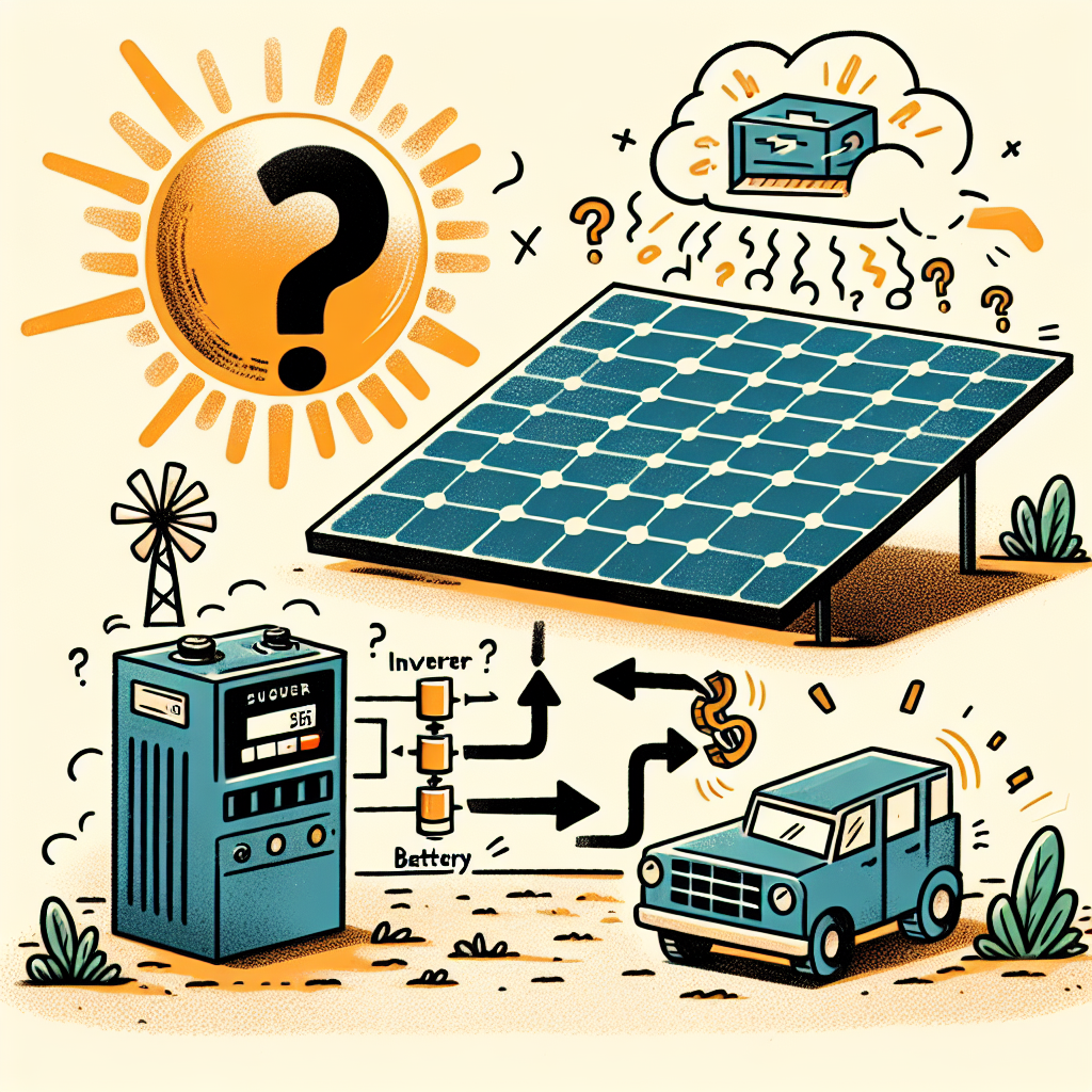 The image would show a cartoon-style solar panel connected to an inverter with a question mark above it. The solar panel would be generating sunlight, and the inverter would be converting it into usable electricity. There would be a small battery next to the inverter, symbolizing the option to store excess energy for later use. The overall image would convey the concept of whether a solar panel needs a battery for efficient energy usage.