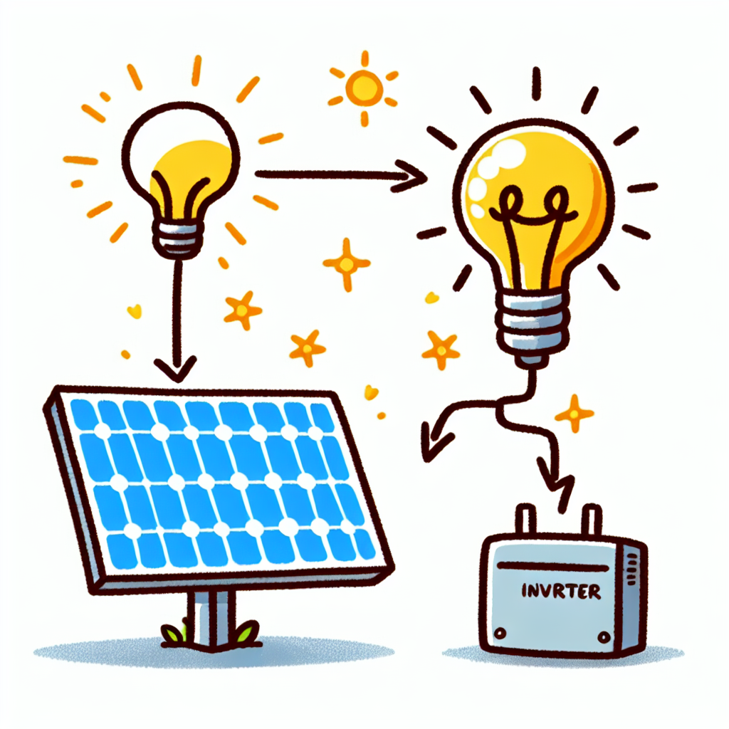 The image would show a cartoon-like representation of a solar panel connected to an inverter. The solar panel would be depicted with sunlight shining on it, and there would be a clear connection from the solar panel to the inverter, symbolizing the transfer of energy. The inverter would have a lightbulb icon above it, indicating the conversion of solar energy into usable electricity. The overall image would convey a simple and easy-to-understand illustration of connecting solar panels to an inverter.