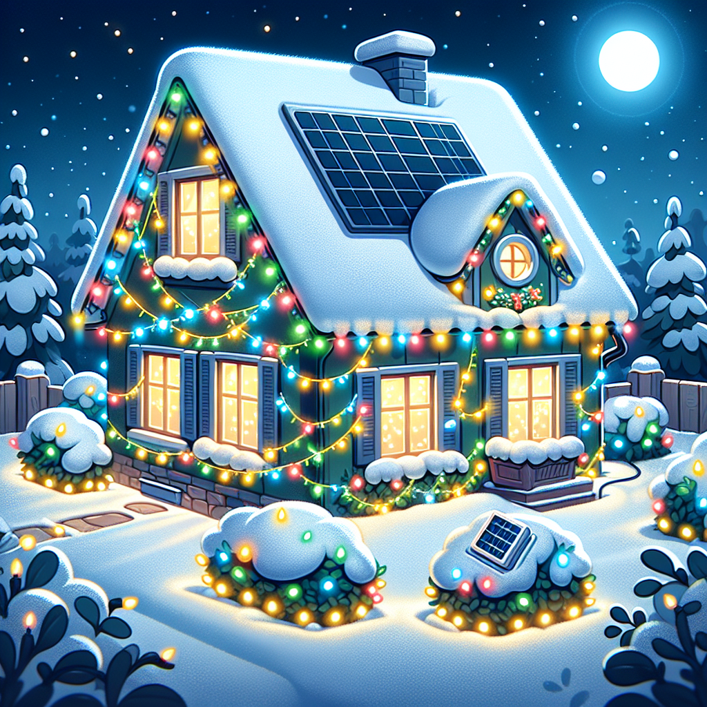 The image for the article "Best Solar Powered Christmas Lights" could be a cartoon-like illustration of a festive outdoor scene with colorful solar-powered Christmas lights decorating a house and garden. The lights are shining brightly, showcasing their eco-friendly and energy-saving features. The image could also include a small solar panel to symbolize the sustainability aspect of the lights.