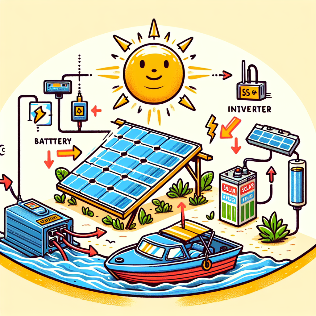 The image would show a cartoon-like depiction of a solar panel kit with a battery and inverter. The solar panels would be shown capturing sunlight, with arrows indicating the conversion of solar energy into electricity. The battery would be depicted storing excess energy, and the inverter would be shown converting DC power into AC power for household appliances. The overall image would convey the concept of a complete and efficient solar energy system for powering homes, RVs, or boats.