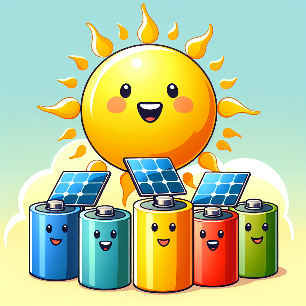 The image for "Solar Rechargeable Batteries" could feature a cartoon-like illustration of a bright yellow sun shining down on a row of colorful rechargeable batteries, each with a small solar panel on top. The batteries could be depicted as smiling and emitting a soft glow, symbolizing their energy storage capabilities and eco-friendly nature.