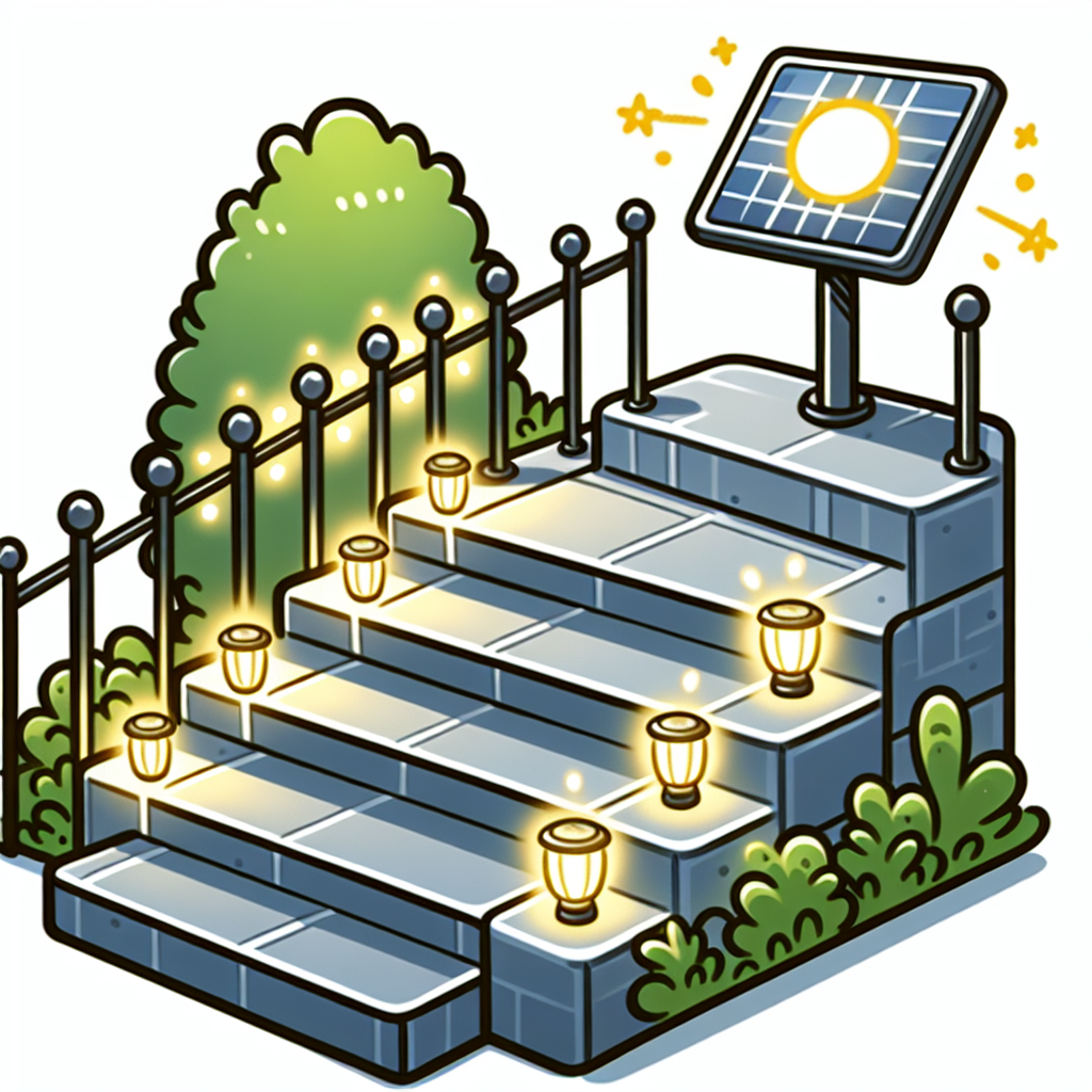 The image for the H1 title "Solar Step Lights" could be a cartoon-like illustration of a set of outdoor steps with solar-powered lights installed along the edges. The steps are shown illuminated by the soft glow of the solar lights, creating a safe and inviting ambiance. The image could also include a small sun symbol to represent the eco-friendly nature of solar power.